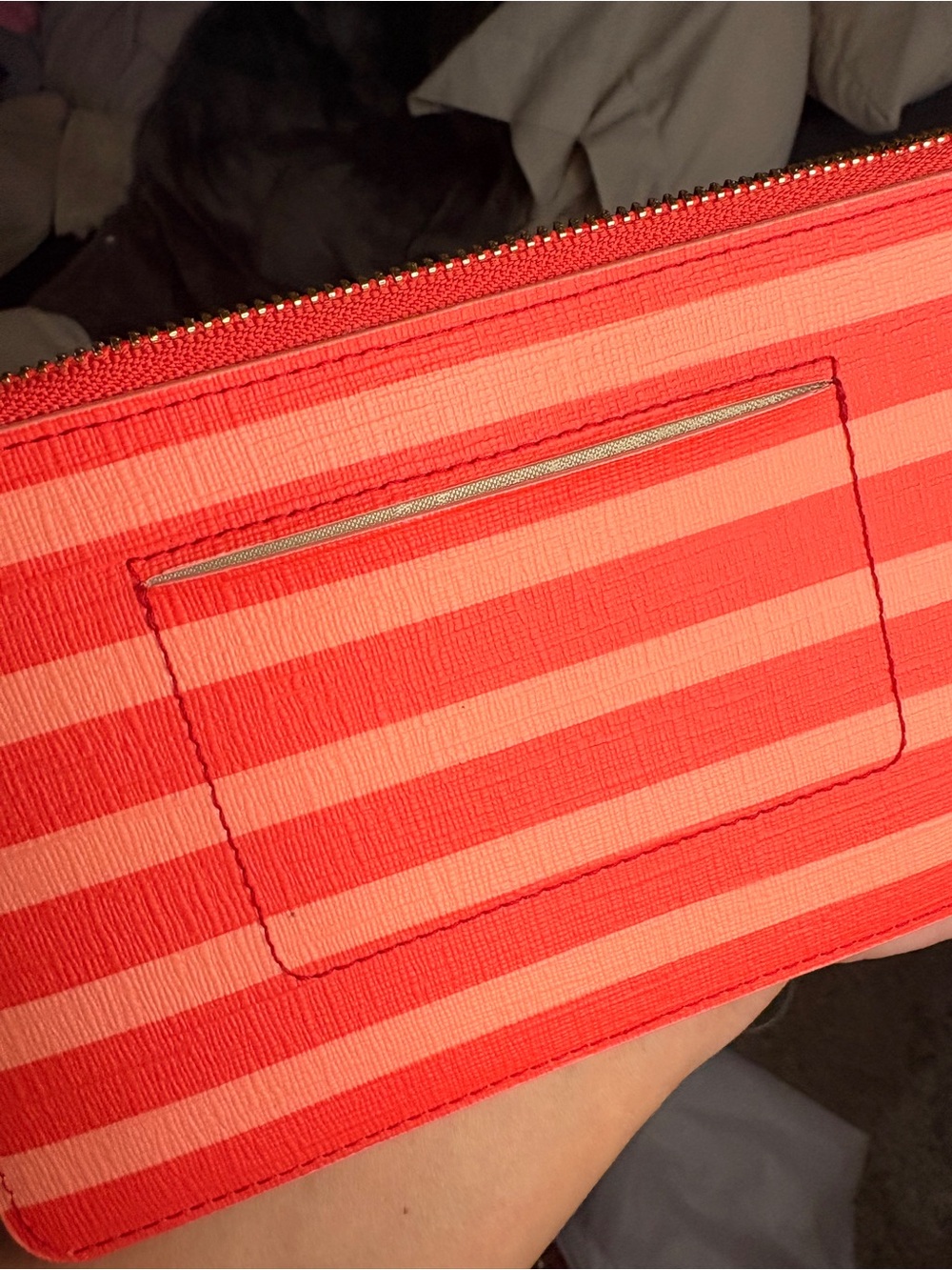 kate spade ♠️ Striped Fairmount Slim Bee Wristlet blk strap, gold, coral tones 🪸 - Picture 3 of 10